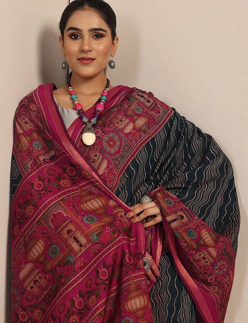 teal printed saree with unstitched blouse piece