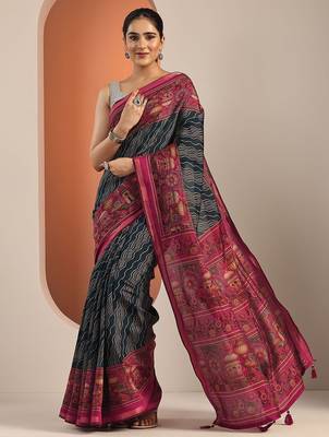 teal printed saree with unstitched blouse piece 2