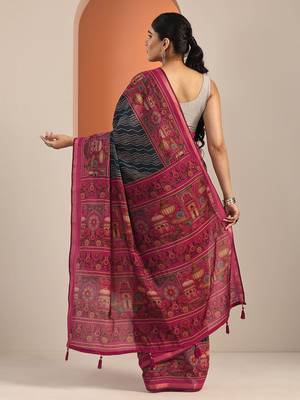 teal printed saree with unstitched blouse piece 4