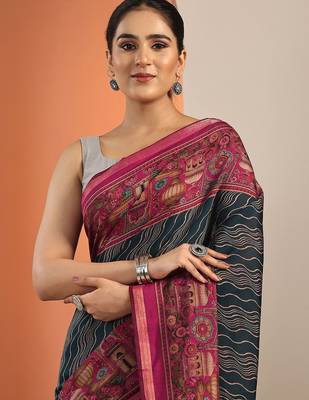 teal printed saree with unstitched blouse piece 5