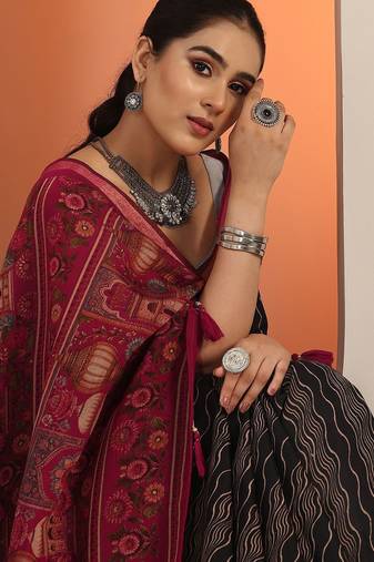 black printed saree with unstitched blouse piece