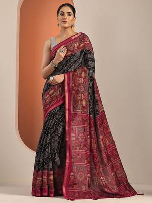 black printed saree with unstitched blouse piece 2
