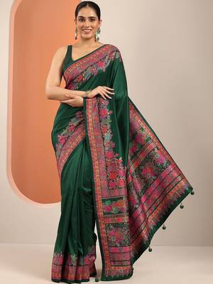 green printed saree with unstitched blouse piece 1
