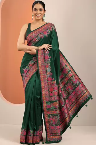 green printed saree with unstitched blouse piece