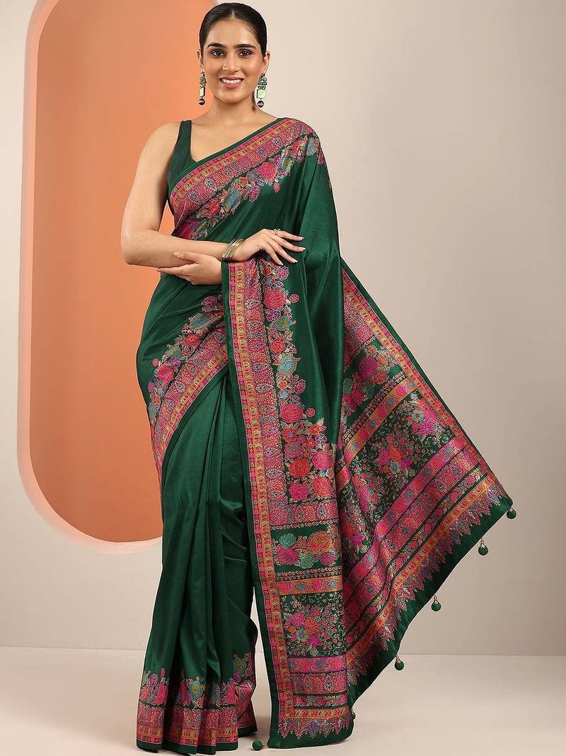 green printed saree with unstitched blouse piece