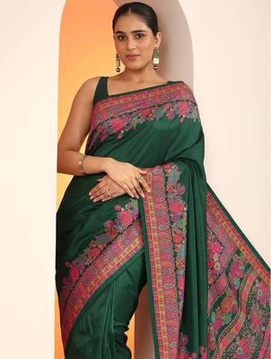 green printed saree with unstitched blouse piece 2