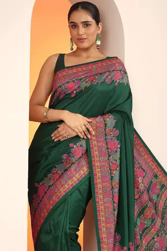 green printed saree with unstitched blouse piece