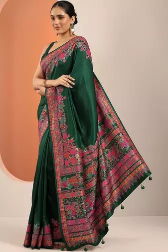 green printed saree with unstitched blouse piece