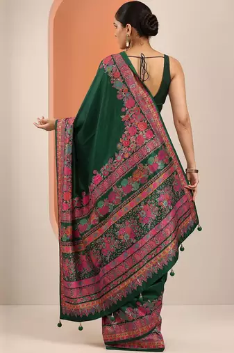 green printed saree with unstitched blouse piece