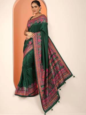 green printed saree with unstitched blouse piece 5