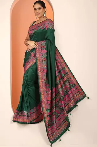 green printed saree with unstitched blouse piece