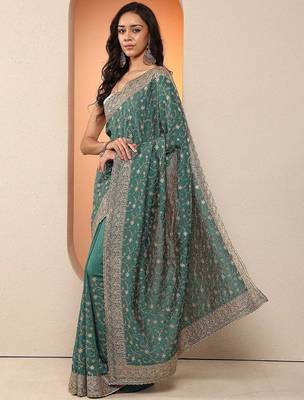 teal embellished saree with unstitched blouse piece 2