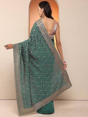 teal embellished saree with unstitched blouse piece 3