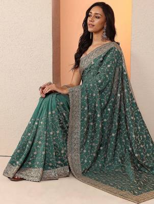 teal embellished saree with unstitched blouse piece 4