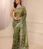 olive embellished saree with unstitched blouse piece