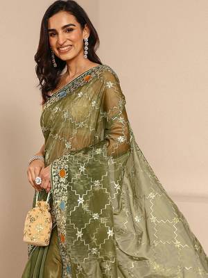 olive embellished saree with unstitched blouse piece 5