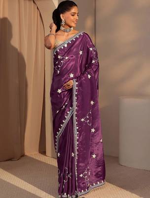 purple embellished satin saree 1