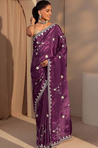 purple embellished satin saree