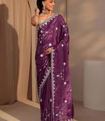 purple embellished satin saree