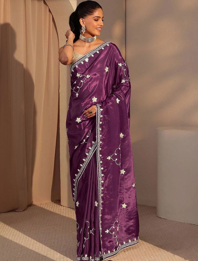purple embellished satin saree