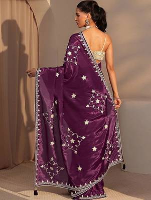 purple embellished satin saree 2