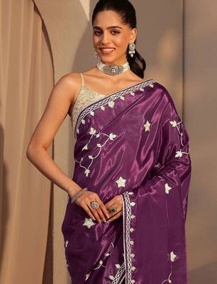 purple embellished satin saree 5