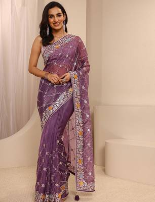 purple embellished saree with unstitched blouse piece 1
