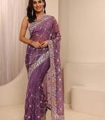 purple embellished saree with unstitched blouse piece