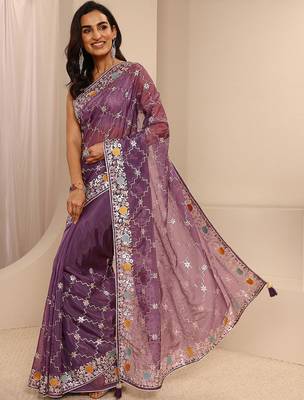 purple embellished saree with unstitched blouse piece 2