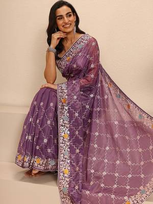 purple embellished saree with unstitched blouse piece 4