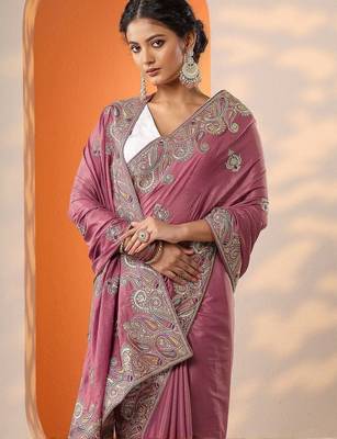 purple embroidered chinon saree with unstitched blouse piece 1