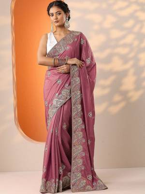 purple embroidered chinon saree with unstitched blouse piece 2