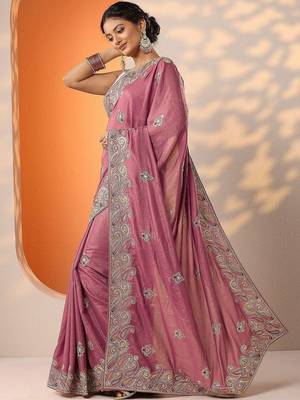 purple embroidered chinon saree with unstitched blouse piece 3