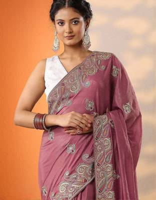 purple embroidered chinon saree with unstitched blouse piece 5