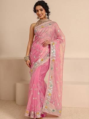 pink embellished saree with unstitched blouse piece 1