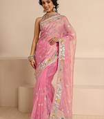 pink embellished saree with unstitched blouse piece