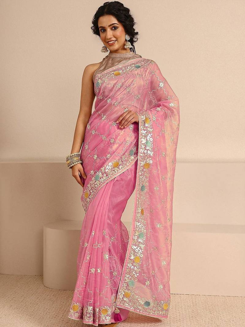 pink embellished saree with unstitched blouse piece