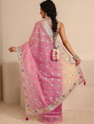 pink embellished saree with unstitched blouse piece 3