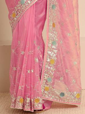 pink embellished saree with unstitched blouse piece 5