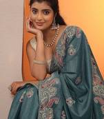 blue embroidered chinon saree with unstitched blouse piece