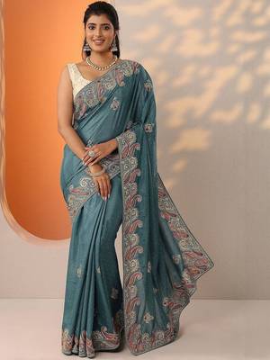 blue embroidered chinon saree with unstitched blouse piece 2