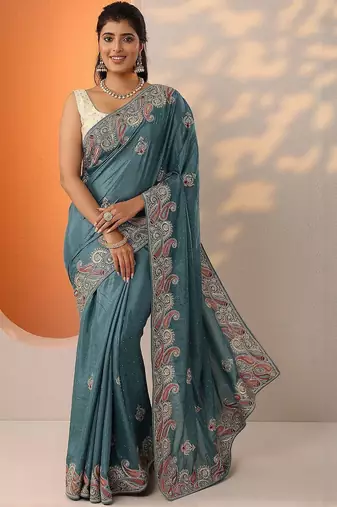 blue embroidered chinon saree with unstitched blouse piece