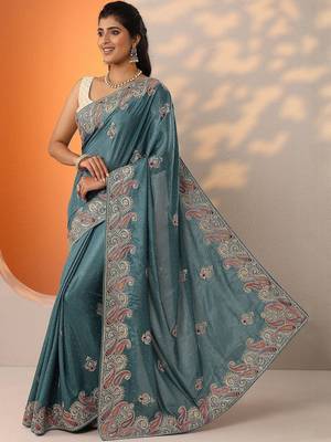 blue embroidered chinon saree with unstitched blouse piece 3