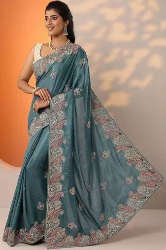 blue embroidered chinon saree with unstitched blouse piece