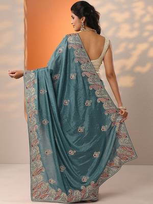 blue embroidered chinon saree with unstitched blouse piece 4