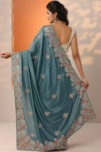 blue embroidered chinon saree with unstitched blouse piece