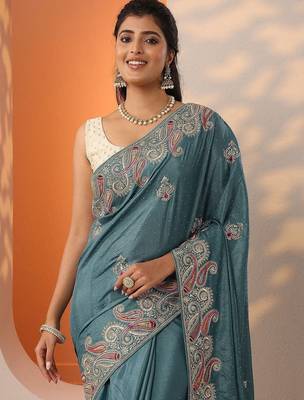 blue embroidered chinon saree with unstitched blouse piece 5