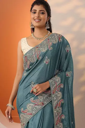 blue embroidered chinon saree with unstitched blouse piece