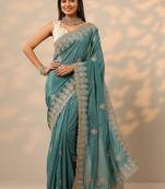 teal embroidered saree with unstitched blouse piece