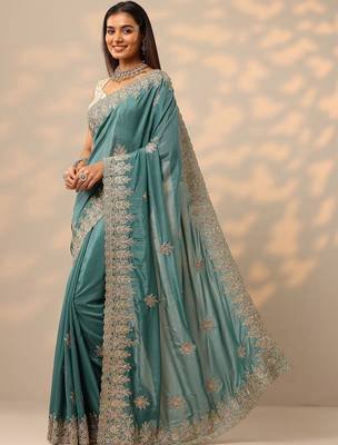 teal embroidered saree with unstitched blouse piece 2